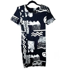 EJM Vintage 80s Black White Abstract Print Shift Dress Shoulder Pads Size 12